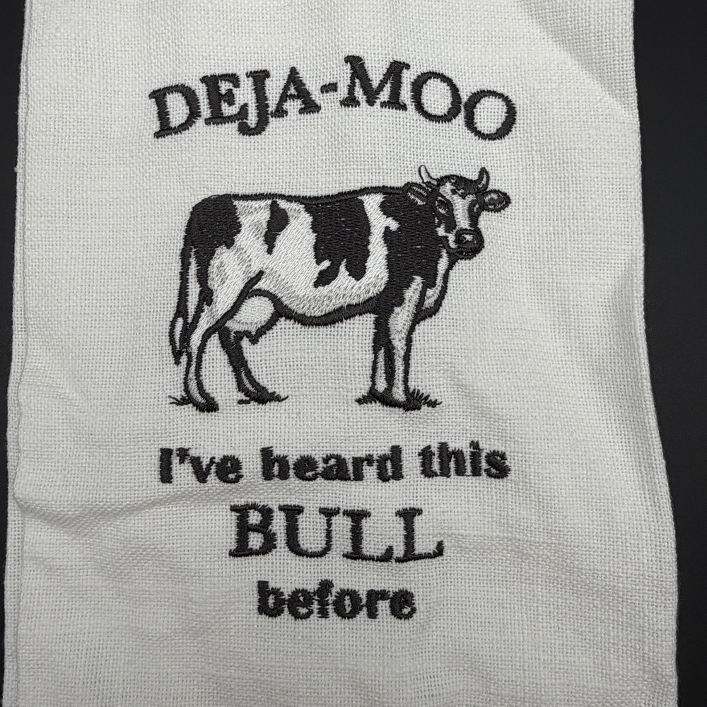 Cracker Barrel Farmhouse Cow Embroidered Kitchen Tea Towel Deja Moo Humor Decor